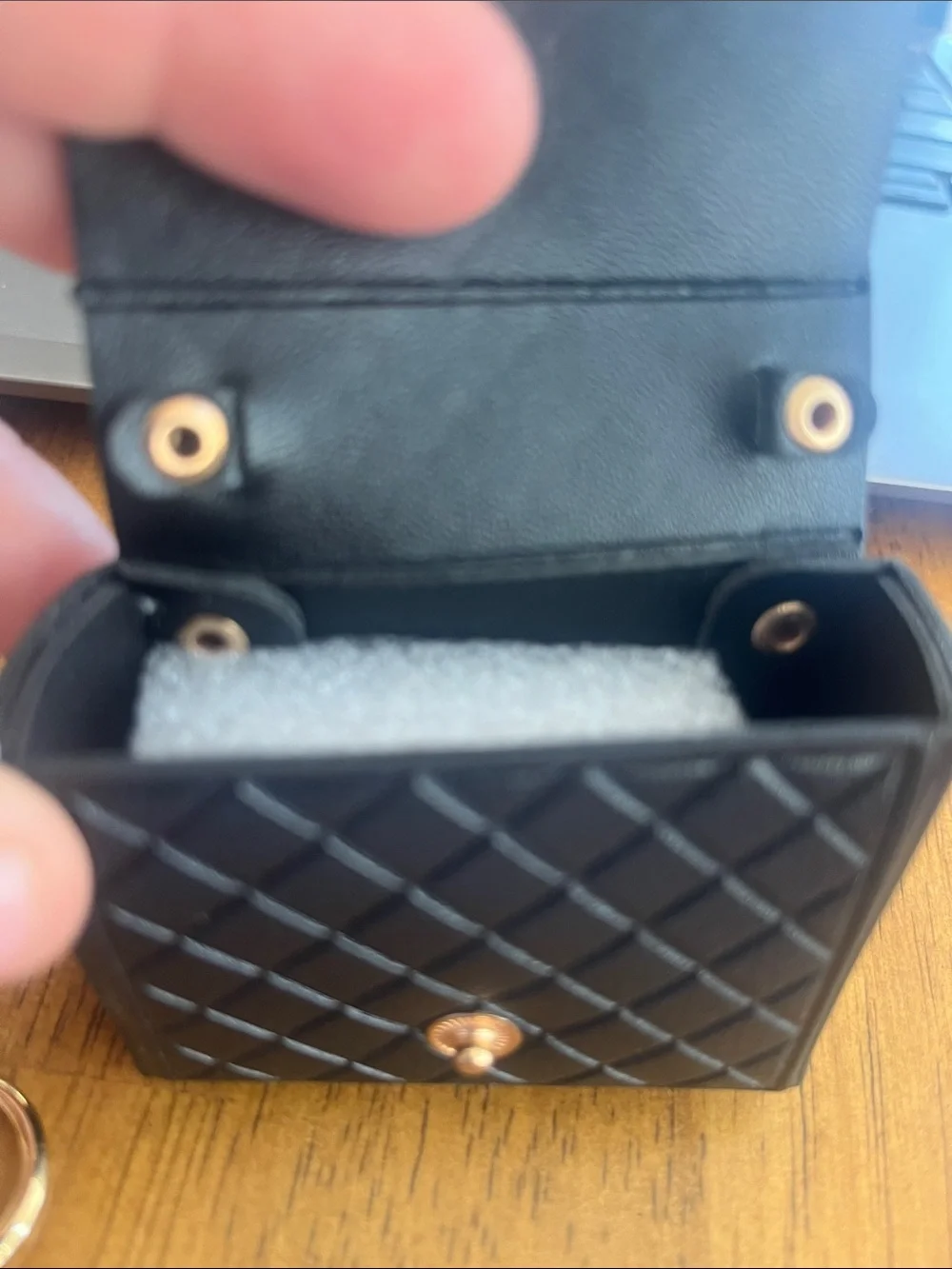Black Quilted Mini Purse Keychain with Gold Accents and Pink Tumbler Charm